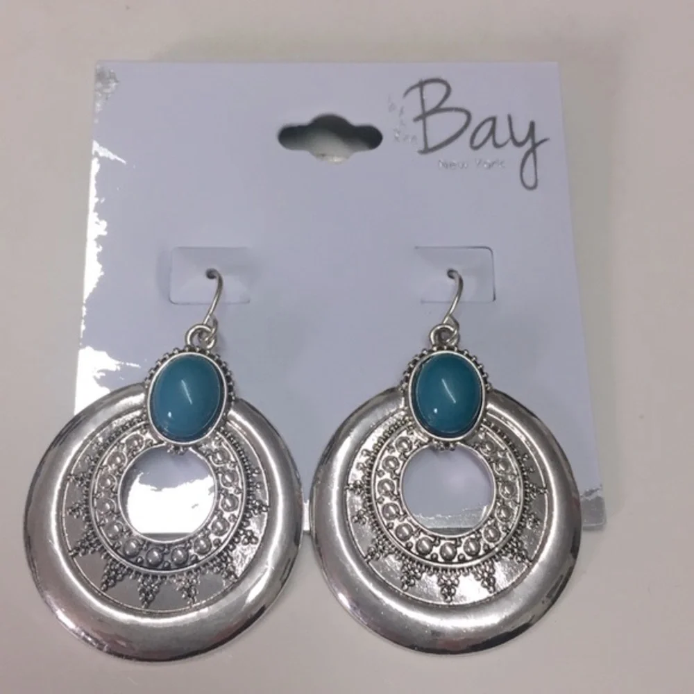 Turquoise Stones and Silver Disc Earrings Southwest BoHo Western NEW